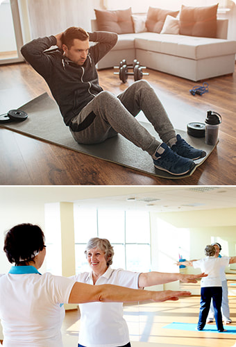 Mladi muškarac radi sportske vježbe na prostirci, a starija žena uz pomoć fizioterapeuta radi vježbe pred ogledalom.
