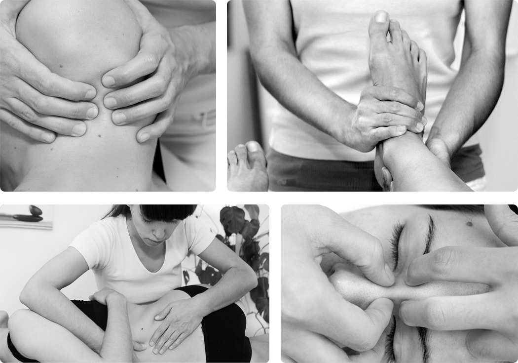 Fizioterapeut s pacijentom na stolu radi individualne tretmane manualne terapije i osteopatije s rukama položenim na tijelo.
