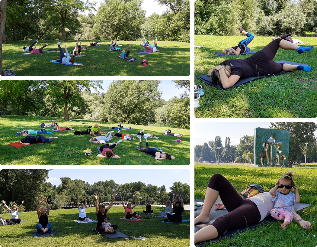 Grupe muškaraca i žena koji na prostirkama na travi koja je okružena stablima rade medicinske vježbe s fizioterapeutima. 