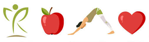 Simboli zdravog načina života, jabuka, vježbanje, srce i logo Rekreativa Medical.  