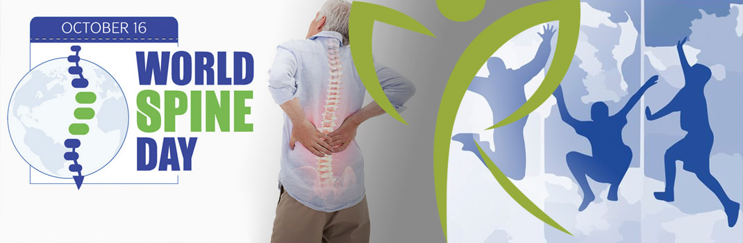Logo svjetski dan kralježnice i stariji muškarac s boli u leđima