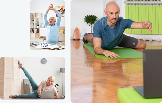 Ljudi na različitim mjestima kod kuće i na poslu vježbaju online s fizioterapeutom. 