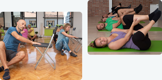 Grupa žena i muškaraca različite dobi radi korektivne vježbe medicinske gimnastike u dvorani za vježbanje. 