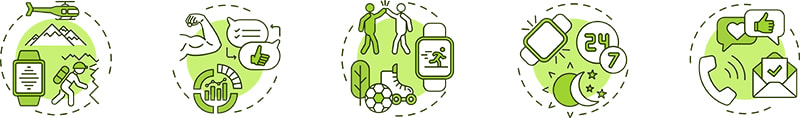 Simboli zdravog života: planinarenje, vježbanje, slobodne aktivnosti, spavanje i druženje. 